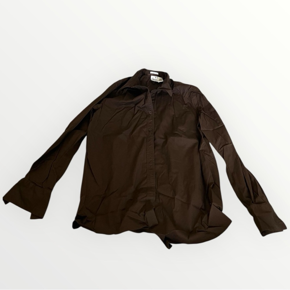 🟤DUO MATERNITY: Women’s size M, brown stretch button down top, preowned🟤